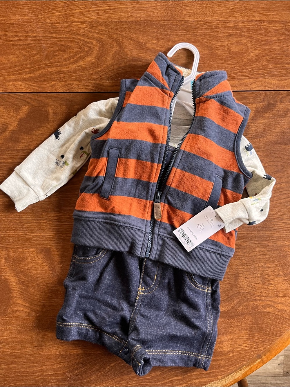 Carter's Orange & Gray Striped Zip Vest Set with Onesie and Shorts